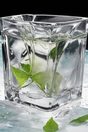 A girl wearing summer clothes is standing with a transparent glass shining in the background. A square ice cube covered with jasmine flowers falls into the clear green tea. Water splashes instantly. The background is bright, fresh and cool. A close-up of the ice cube is in focus.
3 point perspective composition,
(Emma Watson:0.8),
,watercolor