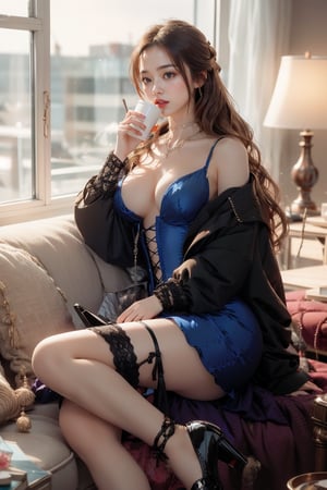 1girl,Wearing a blue corset skirt,platinum necklace,honey hair,High heel,Big wavy hairstyle,Light makeup,drinking coffee,sit by the window,Violet jade bracelet,l0wcutdress,1 girl