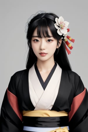 1girl, solo, long hair, looking at viewer, bangs, black hair, hair ornament, closed mouth, upper body, japanese clothes, hair flower, kimono, grey background, black eyes, lips, sash, realistic, ,Sexy Pose