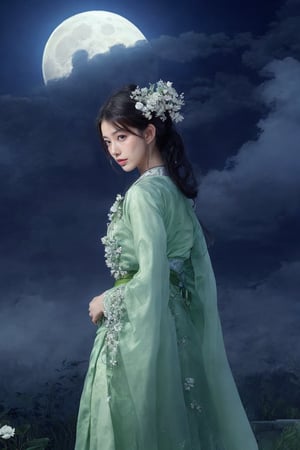 In a mysterious moonlit night, Chang'e is dressed in a light green, flowing traditional gown, draped with translucent veils. She slightly lowers her head, her expression gentle, while her long hair flows with the wind. Her hair is adorned with intricate silver flowers, adding to her celestial aura. In the background, a large, bright full moon glows softly, illuminating her profile. Delicate mist and clouds swirl like ribbons around her, enhancing the dreamlike and mysterious atmosphere. The entire scene exudes a quiet, peaceful vibe, as if she is emerging from the moon, radiating a beautiful, mythical presence.