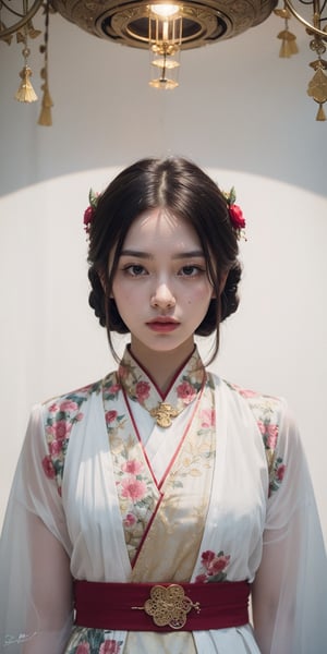 A girl, wearing hanfu, peony garden, butterfly, (negative space:1.4), fusion of art nouveau styles with gongbi painting, gold and white and red hue, Mucha style, (Cinematic lighting, ethereal light, intricate details, extremely detailed, incredible details, full colored), complex details, hyper maximalist, gorgeous light and shadow, detailed decoration, detailed lines. masterpiece, best quality, HDR, UHD, unreal engine. looking at the camera, fair skin, beautiful face,myhanfu,Colors