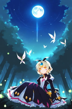 highly detailed, high quality, beautiful, masterpiece, high_quality, score_9, score_8_up, score_7_up, source_anime, perfect_lighting, score_6_up, suurin, mirham, outdoors, forest, night, dark, fireflies, very_dark, stars, shooting_star, moon, constellations, moths, (deer:0.7), glow, trees, (Eve_(Elsword):1.6),  sitting, leaning_back, looking_up, (emotionless:1.5), melancholy, melancholic, wide_shot, panoramic, fisheye