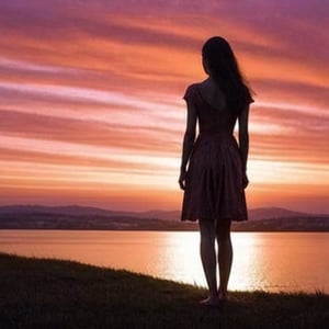 A solitary figure stands in silhouette against the vibrant, orange-pink hues of the setting sun, its gentle rays casting long shadows across the landscape. The subject's features are shrouded in mystery as she gazes out at the horizon, her slender form blending seamlessly with the fading light.