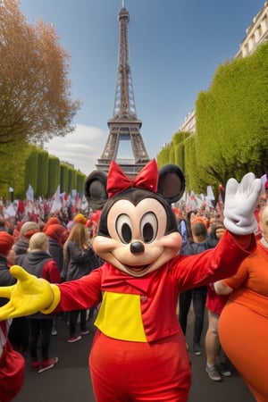 A vibrant and colorful scene unfolds: Minnie Mouse, iconic mascot, stands proudly amidst a lively parade in the midst of a bustling city street. The Eiffel Tower's iron latticework rises majestically in the background, its tips disappearing into the sky. Minnie's bright red bow and gleaming white gloves pop against the urban scenery as she waves to the cheering crowd.