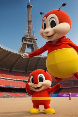 Masterpiece, realistic, high resolution, red mascot (bee) in 2024 Paris Olympic Games stadium with Eiffel Tower in background 