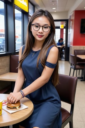 Full body shot, head to toe, front view of young slender Asian model girl wearing eyeglasses and detailed long sleek casual office dress, lip gloss, hair band, long brown straight hair, calmly sitting at the dining table in McDonald's restaurant decorated with birthday theme beside a school bag, fair skin, photorealistic, magazine cover, realism, photographic quality, Extremely Realistic