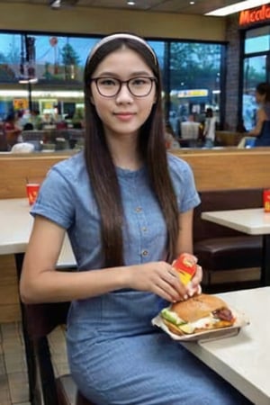 Full body shot, head to toe, front view of young slender Asian model girl wearing eyeglasses and detailed long sleek casual office dress, lip gloss, hair band, long brown straight hair, calmly sitting at the dining table in McDonald's restaurant decorated with birthday theme beside a school bag, fair skin, photorealistic, magazine cover, realism, photographic quality, Extremely Realistic