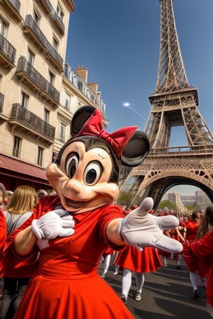 A vibrant and colorful scene unfolds: real Minnie Mouse with real colors, iconic mascot, stands proudly amidst a lively parade in the midst of a bustling city street. The Eiffel Tower's iron latticework rises majestically in the background, its tips disappearing into the sky. Minnie's bright red bow and gleaming white gloves pop against the urban scenery as she waves to the cheering crowd.