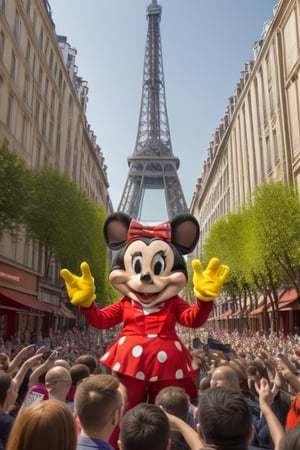 A vibrant and colorful scene unfolds: Minnie Mouse, iconic mascot, stands proudly amidst a lively parade in the midst of a bustling city street. The Eiffel Tower's iron latticework rises majestically in the background, its tips disappearing into the sky. Minnie's bright red bow and gleaming white gloves pop against the urban scenery as she waves to the cheering crowd.