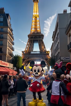 A vibrant and colorful scene unfolds: Mickey Mouse, iconic mascot in black and white theme, stands proudly amidst a lively parade in the midst of a bustling city street. The Eiffel Tower's iron latticework rises majestically in the background, its tips disappearing into the sky. Minnie's bright red bow and gleaming white gloves pop against the urban scenery as she waves to the cheering crowd.