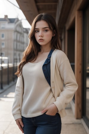 Photo of a lovely young girl, student outfit, award winning, 4K, sharp, natural light, long shot
