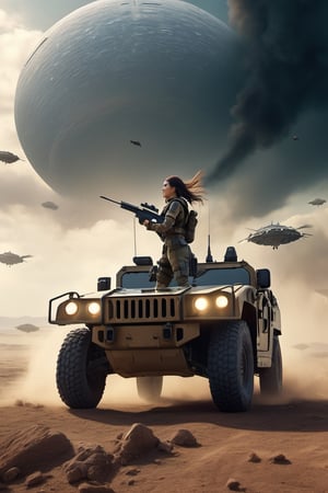 8K, UHD, wide perspective view, photo-realistic, cinematic, young female warrior, humvee with machineguns shooting down many alien spaceships in sky, alien mothership, missile fires with white trail, walks suavely, dark fantasy landscape, worn-out leather outfit, long hair billowing in the wind, dynamic posture, many soldiers shooting into sky, intricate details, ver dark skies with minimal skylight, masterpiece,xxmixgirl