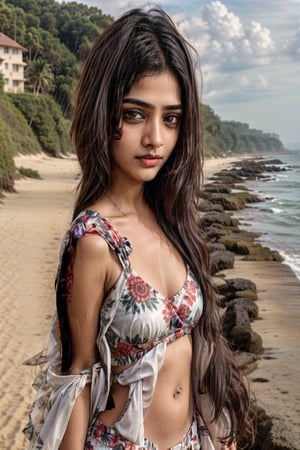 beautiful cute young attractive indian teenage girl, village girl, 20 years old, cute,  Instagram model, long black_hair, colorful hair, warm, dacing, indian, big deep eyes, tall height, stand in sea side, wearing beach outfit