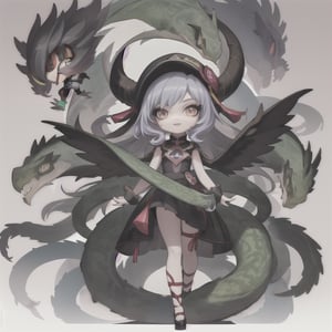 masterpiece, best quality 1.2, Create a chibi anime version of a scene featuring a girl with long, flowing hair and a determined expression. She is wearing a stylish, dark dress with chinese accents. Surrounding her are several large green serpents with menacing expressions. The background should depict chinese theme (transparent) circle. The girl's pose should be confident and bold, reflecting her fearlessness amidst the snake. Ensure the overall style is cute and chibi, The serpents should also be rendered in a cute, less intimidating chibi style while maintaining their distinct green color and texture.xuer Luxury brand fashion,slit pupils. full body.