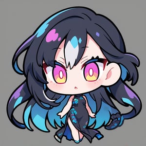 masterpiece, best quality 1.2, Create a chibi anime a snake girl with long flowing hair and a determined expression. She is wearing a stylish dark dress with chinese accents.TRANSPARENT PNG background chinese theme. full body. 1 person. full color. vivid colors.chibi