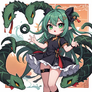 masterpiece, best quality 1.2, Create a chibi anime version of a scene featuring a girl with long, flowing hair and a determined expression. She is wearing a stylish, dark dress with chinese accents. Surrounding her are several large green serpents with menacing expressions. The background should depict chinese theme (transparent). The girl's pose should be confident and bold, reflecting her fearlessness amidst the snake. Ensure the overall style is cute and chibi, The serpents should also be rendered in a cute, less intimidating chibi style while maintaining their distinct green color and texture.xuer Luxury brand fashion,slit pupils