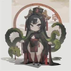 masterpiece, best quality 1.2, Create a chibi anime a girl with long flowing hair and a determined expression. She is wearing a stylish dark dress with chinese accents. Surrounding her are several large green serpents with menacing expressions. The background should depict chinese theme (transparent),slit pupils. full body. 1 person. full color.,shortstack