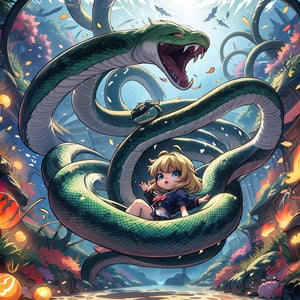 masterpiece, best quality 1.2, Create a chibi anime version of a scene featuring a girl with long, flowing blonde hair and a determined expression. She is wearing a stylish, dark dress with gold accents. Surrounding her are several large, green serpents with menacing expressions. The background should depict a dark, cave-like environment with an eerie, mysterious atmosphere. The girl's pose should be confident and bold, reflecting her fearlessness amidst the serpents. Ensure the overall style is cute and chibi, with exaggerated features such as large eyes and small body proportions typical of chibi characters. The serpents should also be rendered in a cute, less intimidating chibi style while maintaining their distinct green color and texture. chinese theme.,slit pupils