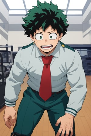 score_9, score_8_up, score_7_up, score_6_up ,izuku_midoriya, green hair, green eyes, short hair, school_uniform, grey_jacket long_sleeves, white_shirt, red_necktie,  knee pads,  blue pants, scared, man, large pectorals, indoors, gym background,on office rooms, muscular,solo, happy, looking at viewer, muscular, solo,