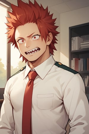 score_9, score_8_up, score_7_up, score_6_up , standing, Eijiro Kirishima,red hair,spiked hair,red eyes,sharp teeth, school_uniform, grey_jacket long_sleeves, white_shirt red_necktie, scared face, man, large pectorals, indoors, gym background,on office rooms, looking at viewer,