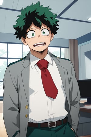 score_9, score_8_up, score_7_up, score_6_up , standing, izuku_midoriya, green hair, green eyes, short hair, school_uniform, grey_jacket long_sleeves, white_shirt red_necktie, scared face, man, large pectorals, indoors, gym background,on office rooms, looking at viewer, 