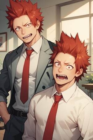 score_9, score_8_up, score_7_up, score_6_up, standing, Eijiro Kirishima,red hair,spiked hair,red eyes,sharp teeth, school_uniform, grey_jacket long_sleeves, white_shirt red_necktie, scared face, man, large pectorals, indoors, gym background, looking at viewer,