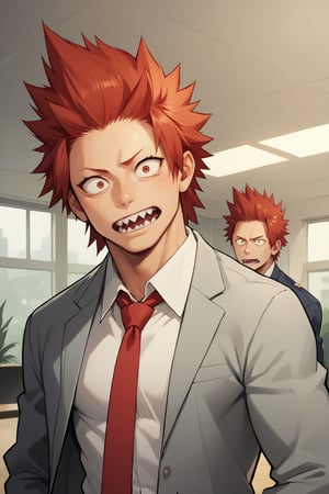 score_9, score_8_up, score_7_up, score_6_up , standing, Eijiro Kirishima,red hair,spiked hair,red eyes,sharp teeth, school_uniform, grey_jacket long_sleeves, white_shirt red_necktie, scared face, man, large pectorals, indoors, gym background,on office rooms, looking at viewer,