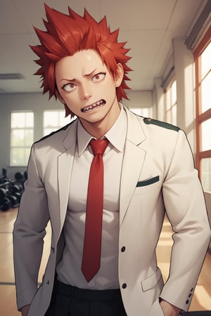 score_9, score_8_up, score_7_up, score_6_up , standing, Eijiro Kirishima,red hair,spiked hair,red eyes,sharp teeth, school_uniform, grey_jacket long_sleeves, white_shirt red_necktie,  white blazer with pads, scared face, sad eyes, man, large pectorals, indoors, gym background, looking at viewer,