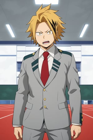 Source_Anime, Anime Art, zPDXL2, zPDXLxxx, ASCII1boy, intricately detailed, detailed background, detailed shading, detailed lighting, 8k wallpaper, detailed face, detailed body,((full shot, full body, full body shot, shot, side shot)), full body, 1boy, (denki_kaminari, blonde hair, yellow eyes, multicolored hair, black hair, two-tone hair, streaked hair, short hair, spiked hair, school_uniform, grey_jacket long_sleeves, white_shirt red_necktie), full body, scared face, mouth open, (hand on head), full body, anime style bright skin, male focus, perfect hands, perfect eyes, attractive, seductive, BREAK. inside, gym room,