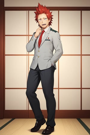 Source_Anime, Anime Art, zPDXL2, zPDXLxxx, ASCII1boy, intricately detailed, detailed background, detailed shading, detailed lighting, 8k wallpaper, detailed face, detailed body,((full shot, full body, full body shot, shot, side shot)), full body, 1boy, (Eijiro Kirishima , red hair, spiked hair, red eyes , sharp teeth, school_uniform, grey_jacket long_sleeves, white_shirt red_necktie, pants), full body, shy face, shy face, mouth open, (1hand up), full body, full body, anime style bright skin, male focus, perfect hands, perfect eyes, attractive, seductive, BREAK. inside, gym room,