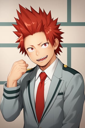 Source_Anime, Anime Art, zPDXL2, zPDXLxxx, ASCII1boy, intricately detailed, detailed background, detailed shading, detailed lighting, 8k wallpaper, detailed face, detailed body,((full shot, full body, full body shot, shot, side shot)), full body, 1boy, (Eijiro Kirishima , red hair, spiked hair, red eyes , sharp teeth, school_uniform, grey_jacket long_sleeves, white_shirt red_necktie), full body, shy face, shy face, mouth open, (1hand up), full body, full body, anime style bright skin, male focus, perfect hands, perfect eyes, attractive, seductive, BREAK. inside, gym room,