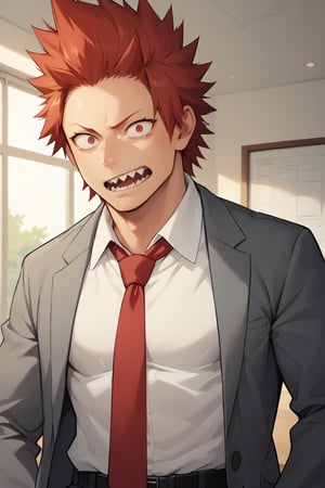 score_9, score_8_up, score_7_up, score_6_up , standing, Eijiro Kirishima,red hair,spiked hair,red eyes,sharp teeth, school_uniform, grey_jacket long_sleeves, white_shirt red_necktie, scared face, man, daytime, large pectorals, indoors, gym background,on office rooms, looking at viewer,