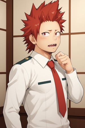 Source_Anime, Anime Art, zPDXL2, zPDXLxxx, ASCII1boy, intricately detailed, detailed background, detailed shading, detailed lighting, 8k wallpaper, detailed face, detailed body,((full shot, full body, full body shot, shot, side shot)), full body, 1boy, (Eijiro Kirishima , red hair, spiked hair, red eyes , sharp teeth, school_uniform, grey_jacket long_sleeves, white_shirt red_necktie, pants), full body, shy face, shy face, mouth open, (1hand up), full body, full body, anime style bright skin, male focus, perfect hands, perfect eyes, attractive, seductive, BREAK. inside, gym room,