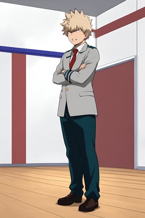 Source_Anime, Anime Art, zPDXL2, zPDXLxxx, ASCII1boy, intricately detailed, detailed background, detailed shading, detailed lighting, 8k wallpaper, detailed face, detailed body,((full shot, full body, full body shot, shot, side shot)), full body, 1boy, (Bakugo_uniform, school_uniform, grey_jacket long_sleeves, white_shirt red_necktie), full body, angry face, showing teeth, (arms crossed), full body,  anime style bright skin, male focus, perfect hands, perfect eyes, attractive, seductive, BREAK. inside, gym room,Katsuki_bakugo