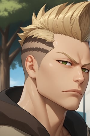 1Guy, uncensore, muscle, defined eyes, symmetrical eyes, amazing quality, best aesthetic, (Blonde hair), brown highlights, mohawk hair, shaved black, (brown dark eyes), solo, BREAK, oversized, wide pants, BREAK, park, 