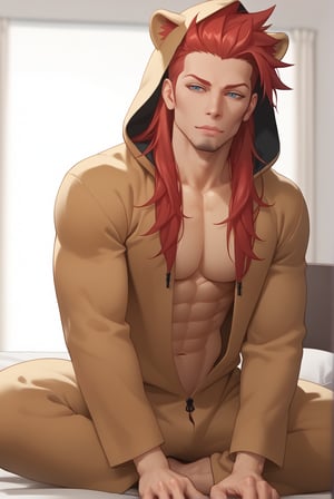 1guy, muscle, muscular, looking at viewers, solo, source anime, (symmetrical eyes), (amazing quality), red hair, spiked hair, (long hair), best aesthetic, grey eyes, BREAK, half-closed eyes, masterpiece, high contrast, absurdres, 8k, pectorals, goatee, (lion kigurumi), animal hood, pajama, bedroom, bed, brown pajama, shaved sides, 