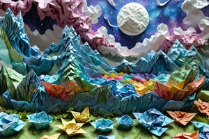 ((best quality)), ((masterpiece)), ((realistic,digital art)), (hyper detailed), DonMChr0m4t3rr4XL, score_9, score_8_up, score_7_up, score_6_up, a large intricately crafted origami_landscape, incredibly detailed beautiful mountain focus, Aerial shot, very zoomed out, night, no_light_noise, moon_light, artfully crafted crumpled paper galaxy poked full of holes many colored lights shining through, intricately crafted reflective paper origami moon, ethereal glowy smoke in the valley, soft light particles in focus, scenery closer made of meticulously detailed origami with visible folds and creases, tissue paper Whimsical Crystalline Organic Fungoids, distrant swirled tissue paper origami waterfall, crumpled paper stones, origami boulders, cut origami leaves on trees, shredded paper blades of grass, intricately detailed, detailmaster2, more detail XL, whimsical, fantasy, 8K, HDR, DonMWr41thXL 