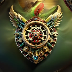 masterpiece, ultra detailed, 
pipes shield badge adorned red gears, small gold gears, red bronze feathers, gold bronze feathers, green bronze feathers, rubies, sapphire, emerals, diamonds, 

red gears
bronze gears
gold gears
tarnished silver gears