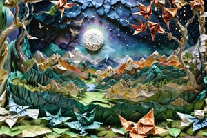 score_9, score_8_up, score_7_up, score_6_up, a large intricately crafted origami_landscape, incredibly detailed and beautiful maintain focus, Aerial shot, very zoomed out, night, no_light_noise, moon_light, artfully crafted crumpled paper galaxy poked full of holes many colored lights shining through, intricately crafted reflective paper origami moon, ethereal glowy smoke in the valley, soft light particles in focus, scenery closer made of meticulously detailed origami with visible folds and creases, distrant swirled tissue paper origami waterfall, crumpled paper stones, origami boulders, cut origami leaves on trees,shredded paper blades of grass, intricately detailed, detailmaster2, more detail XL