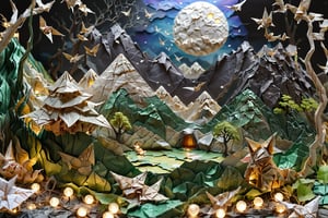 score_9, score_8_up, score_7_up, score_6_up, a large intricately crafted origami_landscape, incredibly detailed beautiful mountain focus, Aerial shot, very zoomed out, night, no_light_noise, moon_light, artfully crafted crumpled paper galaxy poked full of holes many colored lights shining through, intricately crafted reflective paper origami moon, ethereal glowy smoke in the valley, soft light particles in focus, scenery closer made of meticulously detailed origami with visible folds and creases, distrant swirled tissue paper origami waterfall, crumpled paper stones, origami boulders, cut origami leaves on trees,shredded paper blades of grass, intricately detailed, detailmaster2, more detail XL