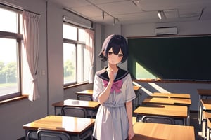 1girl, RinzeMorino, standing, classroom, ((masterpiece)) 