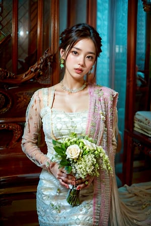  1girl, beautiful super model, 22 years old, mixed Burmese and Korean girl, full makeup, beautiful perfect face, correct anatomy, bright eyes, realistic body, photorealistic, 16k resolutions, raw photo, high detail, high quality, sharp focus, dynamic light, high depth, half body,photo pose, real flower bouquet, (white dress:1.2), royal hairdo, Myanmar Beautiful traditional wedding dress,