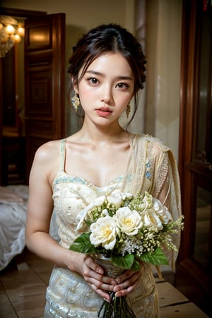  1girl, beautiful super model, 22 years old, mixed Burmese and Korean girl, full makeup, beautiful perfect face, correct anatomy, bright eyes, realistic body, photorealistic, 16k resolutions, raw photo, high detail, high quality, sharp focus, dynamic light, high depth, half body,photo pose, real flower bouquet, (white dress:1.2), royal hairdo, Myanmar Beautiful traditional wedding dress,
