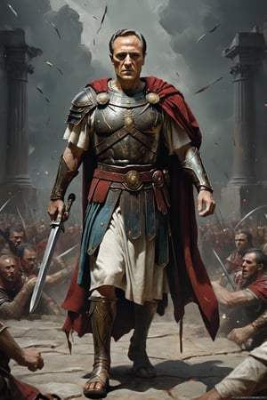 yper-realistic full body portrait, Julius caesar battle war, dynamic, highly detailed, digital painting, concept art, smooth, sharp focus, illustration, Fantasy, grimdark style, best quality, chromatic aberration, cinematic lighting, intricate details, dark art, DonMM1y4XL, realistic, Movie Still, more detail XL, greg rutkowski