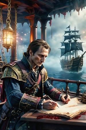 Julius Caesar writing poetry on a pirate ship, Bloodborne, dark magic splash, gothic, magic splash, fantasy art, watercolor effect, bokeh, digital painting, soft lighting, retro aesthetic, natural lighting, cinematic, masterpiece, highly detailed, intricate, extreme texture