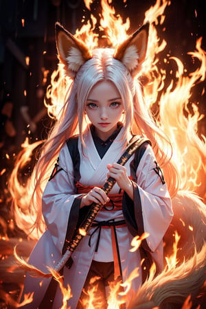 a Japanese ninja nine tails fox-girl, long white fire hair, high quality, high resolution, high precision, realism, color correction, proper lighting settings, harmonious composition
