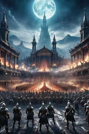 Create a detailed image of the annual Spartan event, featuring a massive arena where the best Spartan warriors and the bravest Helot slaves prepare to battle to the death, Bloodborne, dark magic splash, magic splash, fantasy art, watercolor effect, bokeh, digital painting, soft lighting, retro aesthetic, natural lighting, cinematic, masterpiece, highly detailed, intricate, extreme texture,scenery