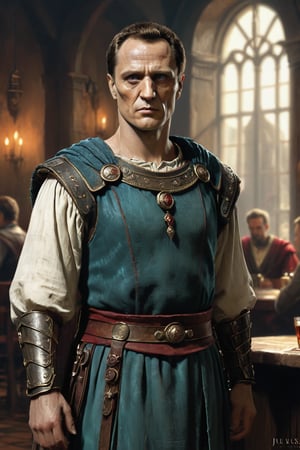 yper-realistic full body portrait Julius caesar pale skin, dynamic, background of a tavern, highly detailed, digital painting, concept art, smooth, sharp focus, illustration, Fantasy, grimdark style, best quality, chromatic aberration, cinematic lighting, intricate details, dark art, DonMM1y4XL, realistic, Movie Still, more detail XL, greg rutkowski