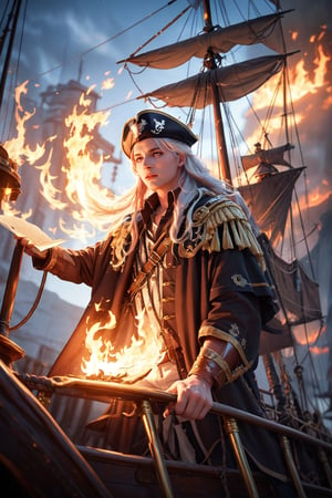 Julius Caesar writing poetry on a pirate ship, long white fire hair, high quality, high resolution, high precision, realism, color correction, proper lighting settings, harmonious composition