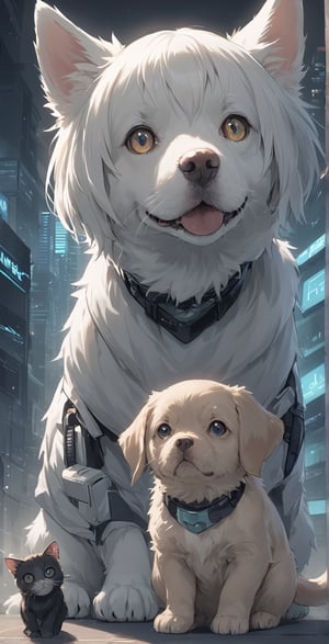 a cat and dogs without person from cyber city, animal focus, 